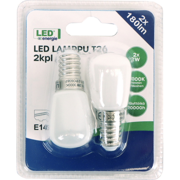 LED Jääkaappi- ja laitelamppu 2W, T26, E14, 180lm, 2 kpl.